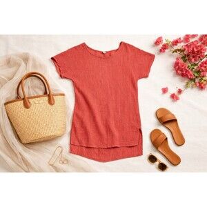 Coral Gauze Tunic Dress Swim Cover Up Beach Lightweight Cotton Boho Coastal